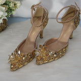 Vipkoala Champagne Golden Crystal Women Wedding Shoes Rhinestone High Heels Ankle Strap Shoes Women Party Dress Shoes