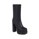 Vipkoala Women's Boots New Patent Leather High Heel Platform Zipper-Sid Mid Calf Boots Thick Bottom Square Toe Crude Heel Short Boot