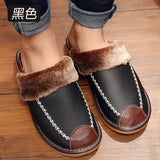 Vipkoala Men's Leather Home Warm Cotton Slippers Men's Home Autumn and Winter Indoor Wooden Floor Non-slip Thick Slippers Mens Slippers