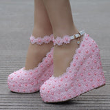 Vipkoala New White Wedges Wedding Pumps Sweet White Flower Lace Pearl Platform Pump Shoes Bride Dress High Heels