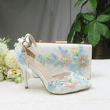 Vipkoala New White Lace Flower wedding shoes with matching bags High heels Pointed Toe Ankle Strap Ladies Party shoe and bag set