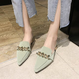 Vipkoala Women Mules Pointed Toe Low Heels Chain Fashion Office Ladies Fashion Pumps Sandals  Shoes Autumn PU Office Footwear oiu9drt