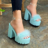 Vipkoala Fall/Winter Beach Sandals Ladies Banquet New Women Fur Rubber High Heel Platform Sandals Outdoor Leisure Buckle Slippers