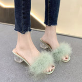 Vipkoala Mules Sandal Women Summer Outdoor Fashion Slippers Square Toe High Heels Office Ladies Feather Slides Chic Classics Furry Shoes