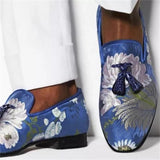 Vipkoala New Men Fashion Trend Business Casual Dress Shoes Handmade Blue Exquisite Floral Embroidery Tassel High-end Loafers KU160