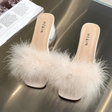 Vipkoala Mules Sandal Women Summer Outdoor Fashion Slippers Square Toe High Heels Office Ladies Feather Slides Chic Classics Furry Shoes