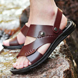 Vipkoala Sandals For Men Outdoor Leather Summer Men Shoes Genuine Leather Non-slip Beach Slip-on Sandals Travel Slippers