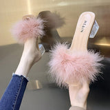 Vipkoala Mules Sandal Women Summer Outdoor Fashion Slippers Square Toe High Heels Office Ladies Feather Slides Chic Classics Furry Shoes