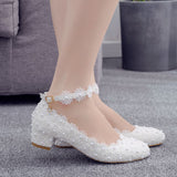 Vipkoala Female Fashion Wedding Shoes Bridesmaid Banquet White Lace Flower Pearl Round Toe Square High Heels Women's Bridal Pumps