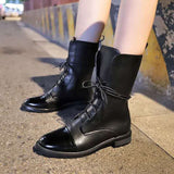 Vipkoala Patent Leather Women Boots British Style Flat Boots Black Pointed Toe Boots Handsome Motorcycle Boots Women's Boots Big Size 43