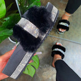 Vipkoala Luxury Designer Women Fur Rhinestone Slippers Platform Wedges Heel Solid Fluffy Furry Slides Outside Sexy Shoes Ladies Whosale