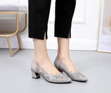 Vipkoala Summer Fashion Hollow Out Genuine Leather Pumps Women Shoes Med Heels Square Diamond Mesh Ladies Office  Crystal Pointshoes