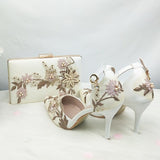 Vipkoala New White Lace Flower wedding shoes with matching bags High heels Pointed Toe Ankle Strap Ladies Party shoe and bag set