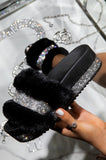 Vipkoala Luxury Designer Women Fur Rhinestone Slippers Platform Wedges Heel Solid Fluffy Furry Slides Outside Sexy Shoes Ladies Whosale