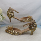 Vipkoala Champagne Golden Crystal Women Wedding Shoes Rhinestone High Heels Ankle Strap Shoes Women Party Dress Shoes