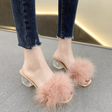 Vipkoala Woman Shoes Transparent Crystal High Heels Woman Feather Fur Slippers Pumps Women Peep Toe Lady Cute Plush Slippers