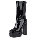 Vipkoala Women's Boots New Patent Leather High Heel Platform Zipper-Sid Mid Calf Boots Thick Bottom Square Toe Crude Heel Short Boot