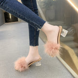 Vipkoala Clear Slippers Women Shoes Woman Mules New Summer Fur Slides Peep Toe Square High Heels Transparent Slippers Shoes Plus Size