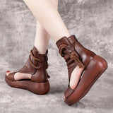 Vipkoala Women Summer Sandals Mid Heels Wedges Shoes Ladies Vintage PU Leather Plus Size Sandalias Mujer Sapato Feminino