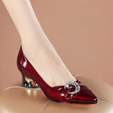 Vipkoala Plus Size 35-42 Women Pumps Pearls Patent Leather Boat Shoes Med Heels Dress Shoes Moon Crystal Pointed Toe Ladies Shoes