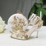 Vipkoala New White Lace Flower wedding shoes with matching bags High heels Pointed Toe Ankle Strap Ladies Party shoe and bag set