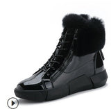 Vipkoala Patent leather waterproof Winter ankle boots Women's casual flat snow boots Plush warm zipper cotton shoes 35-40