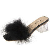 Vipkoala Mules Sandal Women Summer Outdoor Fashion Slippers Square Toe High Heels Office Ladies Feather Slides Chic Classics Furry Shoes