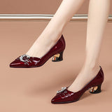 Vipkoala Plus Size 35-42 Women Pumps Pearls Patent Leather Boat Shoes Med Heels Dress Shoes Moon Crystal Pointed Toe Ladies Shoes