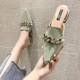 Vipkoala Women Mules Pointed Toe Low Heels Chain Fashion Office Ladies Fashion Pumps Sandals  Shoes Autumn PU Office Footwear oiu9drt