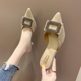 Vipkoala Sexy Slippers Women Shoes Woman Mules New Summer Solid Flock Square Buckle Cover Pointed Toe Thin High Heels Casual Shoes Slides Valentines Day