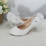 Vipkoala white flower Women wedding shoes Bride Party dress shoes woman High heel platform shoes ladies handmade Lace shoe