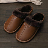 Vipkoala Men's Leather Home Warm Cotton Slippers Men's Home Autumn and Winter Indoor Wooden Floor Non-slip Thick Slippers Mens Slippers