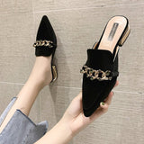 Vipkoala Women Mules Pointed Toe Low Heels Chain Fashion Office Ladies Fashion Pumps Sandals  Shoes Autumn PU Office Footwear oiu9drt