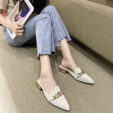 Vipkoala Women Mules Pointed Toe Low Heels Chain Fashion Office Ladies Fashion Pumps Sandals  Shoes Autumn PU Office Footwear oiu9drt