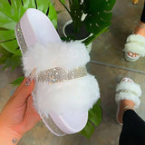 Vipkoala Luxury Designer Women Fur Rhinestone Slippers Platform Wedges Heel Solid Fluffy Furry Slides Outside Sexy Shoes Ladies Whosale