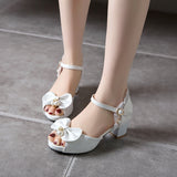 Vipkoala Summer Peep Toe Cute Sweet Bowtie Lace High Heels Sandals Women Lolita Platform Wedding Party Block Heel Shoes Woman