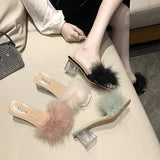 Vipkoala Woman Shoes Transparent Crystal High Heels Woman Feather Fur Slippers Pumps Women Peep Toe Lady Cute Plush Slippers