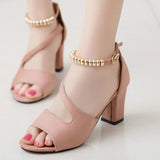 Vipkoala Spring and summer sexy fish mouth hollow Roman sandals thick heels with beaded high heels female summer sexy female sandals