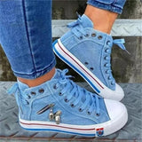 Vipkoala Women New Denim Flat-heel Round Toe Lace-up Skull Metal Decoration High-top Comfortable Fashion Classic Platform Casual Sneakers