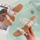 Vipkoala New Transparent PVC String Bead Shoes Woman Fashion Open Toe Slippers Crystal Perspex Heels Slides Beach Sandale Femme