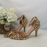 Vipkoala Champagne Golden Crystal Women Wedding Shoes Rhinestone High Heels Ankle Strap Shoes Women Party Dress Shoes