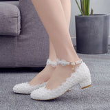 Vipkoala Female Fashion Wedding Shoes Bridesmaid Banquet White Lace Flower Pearl Round Toe Square High Heels Women's Bridal Pumps