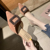 Vipkoala Sexy Slippers Women Shoes Woman Mules New Summer Solid Flock Square Buckle Cover Pointed Toe Thin High Heels Casual Shoes Slides Valentines Day