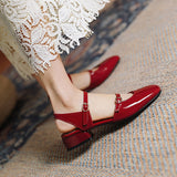 Vipkoala Fashion Women Shoes Mary Jane Style Two Buckle Ladies Shoes Low Heel Shallow Mouth Square Toe Solid Color Dress Shoes Party Shoe