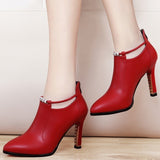 Vipkoala New Winter Autumn Ankle Boots Women's Shallow Pointed Red Thin High Heels Ankle Booties Zip Pu Female Chelsea Leather