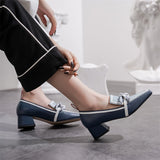 Vipkoala Women Chunky Heels Pumps Summer Middle Heel Slip-On Leather Loafers Shoe Casual Vintage Luxury Square Toe Ladies Suit Shoes