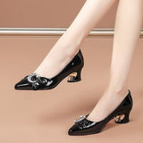 Vipkoala Plus Size 35-42 Women Pumps Pearls Patent Leather Boat Shoes Med Heels Dress Shoes Moon Crystal Pointed Toe Ladies Shoes