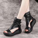 Vipkoala Women Summer Sandals Mid Heels Wedges Shoes Ladies Vintage PU Leather Plus Size Sandalias Mujer Sapato Feminino