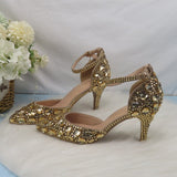 Vipkoala Champagne Golden Crystal Women Wedding Shoes Rhinestone High Heels Ankle Strap Shoes Women Party Dress Shoes