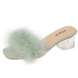 Vipkoala Mules Sandal Women Summer Outdoor Fashion Slippers Square Toe High Heels Office Ladies Feather Slides Chic Classics Furry Shoes